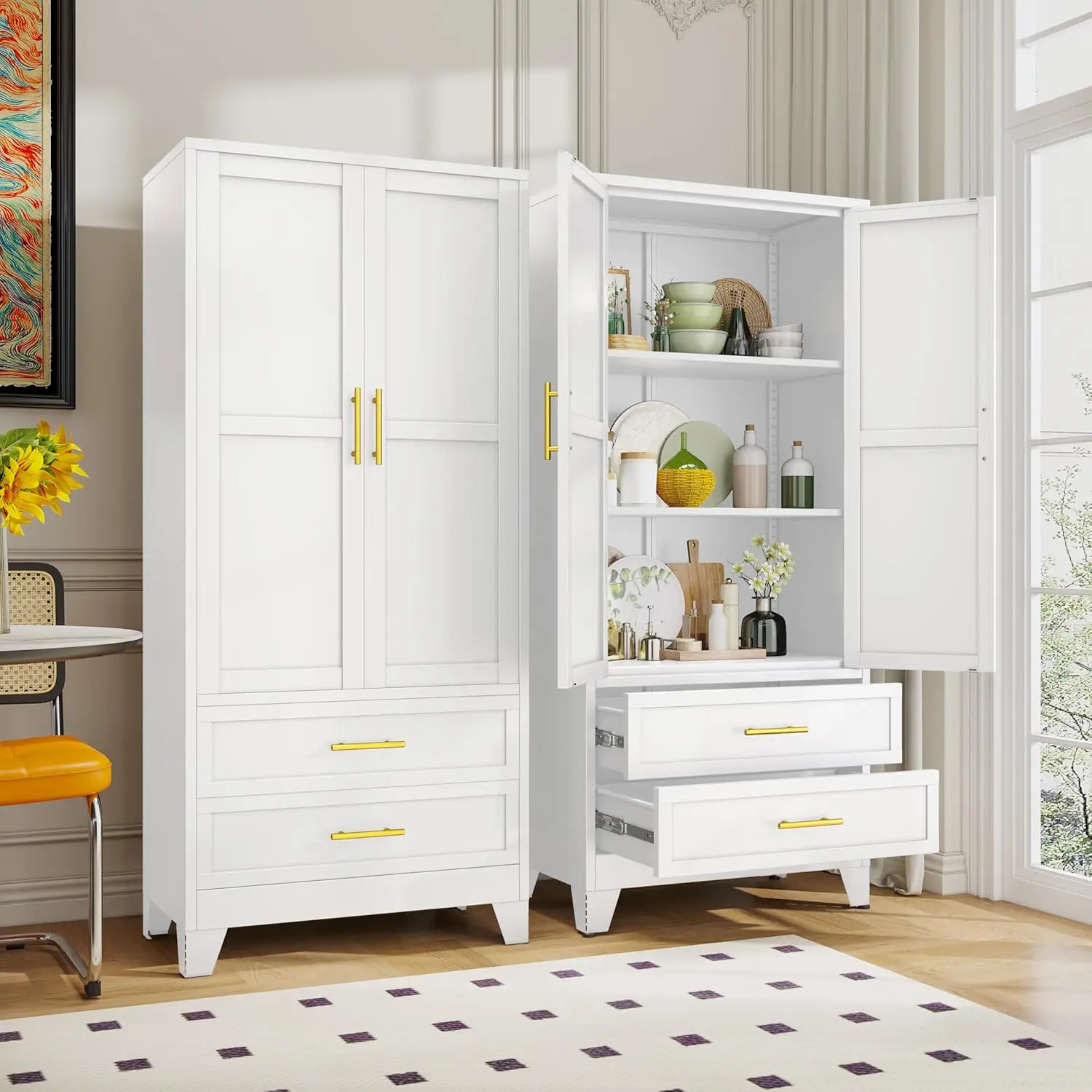 

Steel Pantry Cabinet, 71" Metal Storage Cabinets with 2 Doors, 2 Adjustable Shelf and 2 Drawers, Freestanding Storage Cabinet