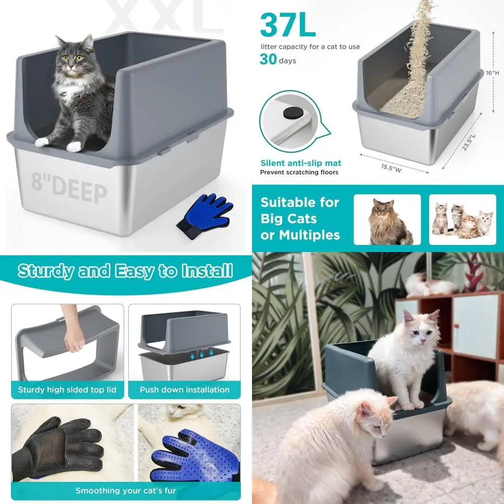 

Stainless Steel XL Litter Box with Lid for Large Indoor Cats - Non-Stick Enclosure Pan for Easy Cleaning