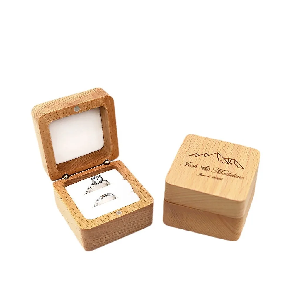 Коробка для колец из бука с гравировкой на заказ для свадьбы, квадратная деревянная шкатулка для драгоценностей, держатель для колец и сережек, чехол для упаковки подарков на годовщину Коробка для колец из бука с гравировкой на заказ для свадьбы, квадратная деревянная шкатулка для драгоценностей, держатель для колец и сережек, чехол для упаковки подарков на годовщину