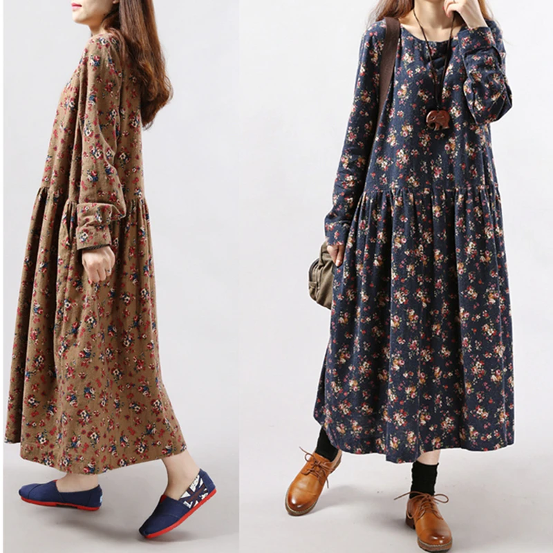 

Korean Fashion Female Vintage Autumn Dresses Floral Print Dress Long Sleeve O Neck Pockets Loose Casual Vestidos Women Clothing