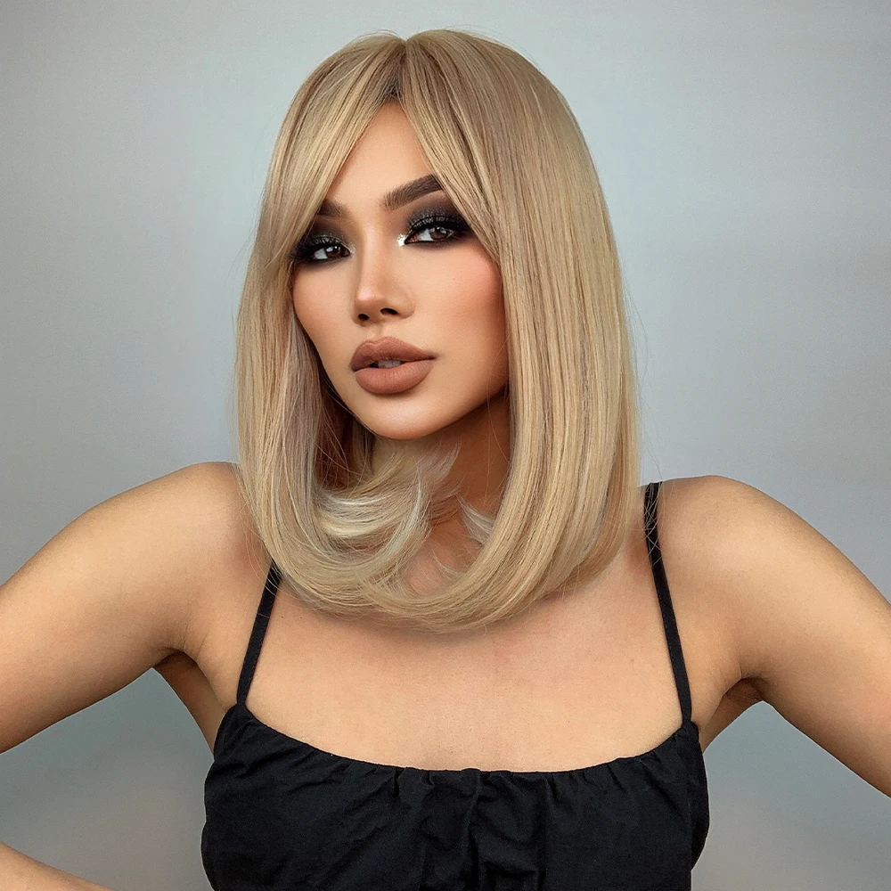 HENRY MARGU Ombre White Blonde Bob Synthetic Wig with Bang Natural Straight Hair Wig for Women Heat Resistant Cosplay Lolita Wig