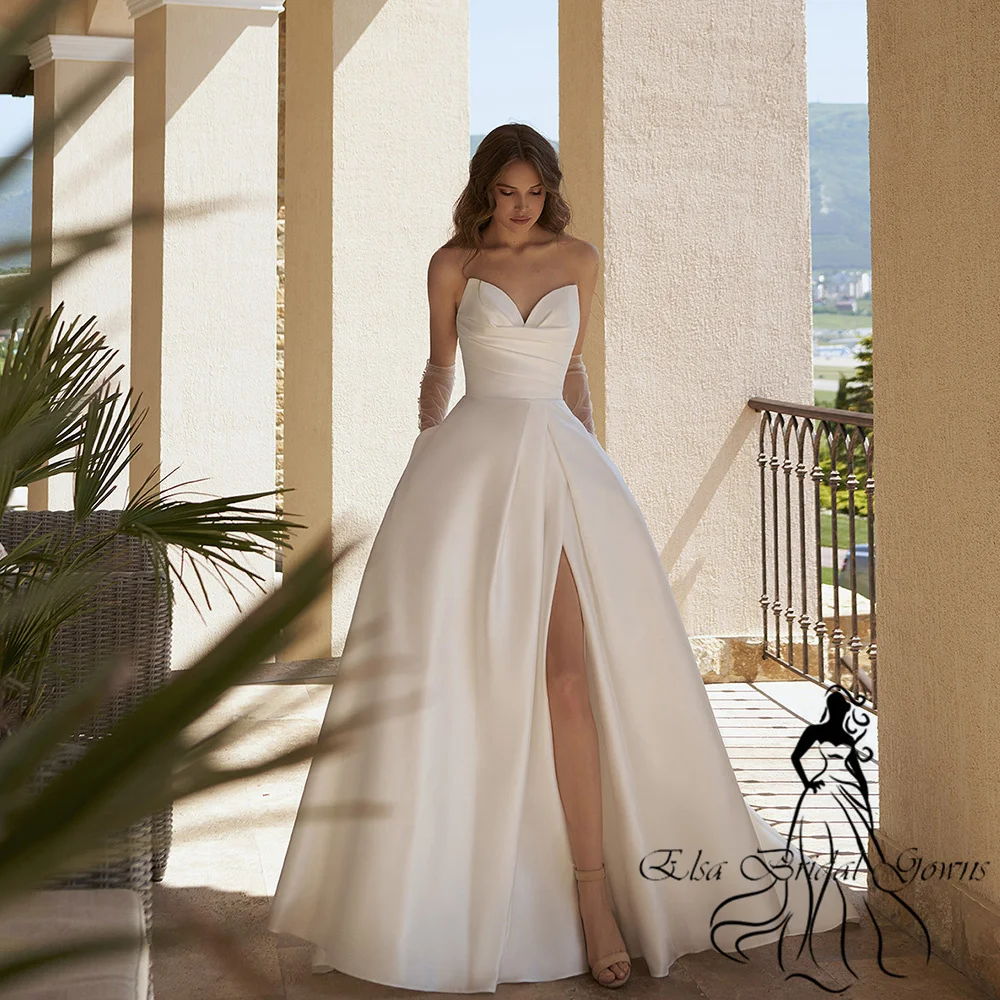 Simple Wedding Dresses 2023 New Arrivals V-Neck Satin Long Bride Dress Side Split Sexy Sweep Train A-Line Elegant Party Gowns