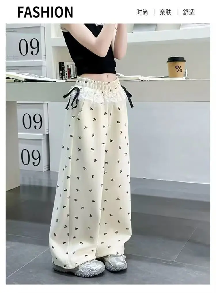 UNITIM Frühlingshosen mit Schleife für Mädchen, bedruckte Wide-Leg-Hosen für Teenager-Mädchen, lockere Kinderhosen, Freizeithosen für Kinder, 5–14 Jahre – Detail 14