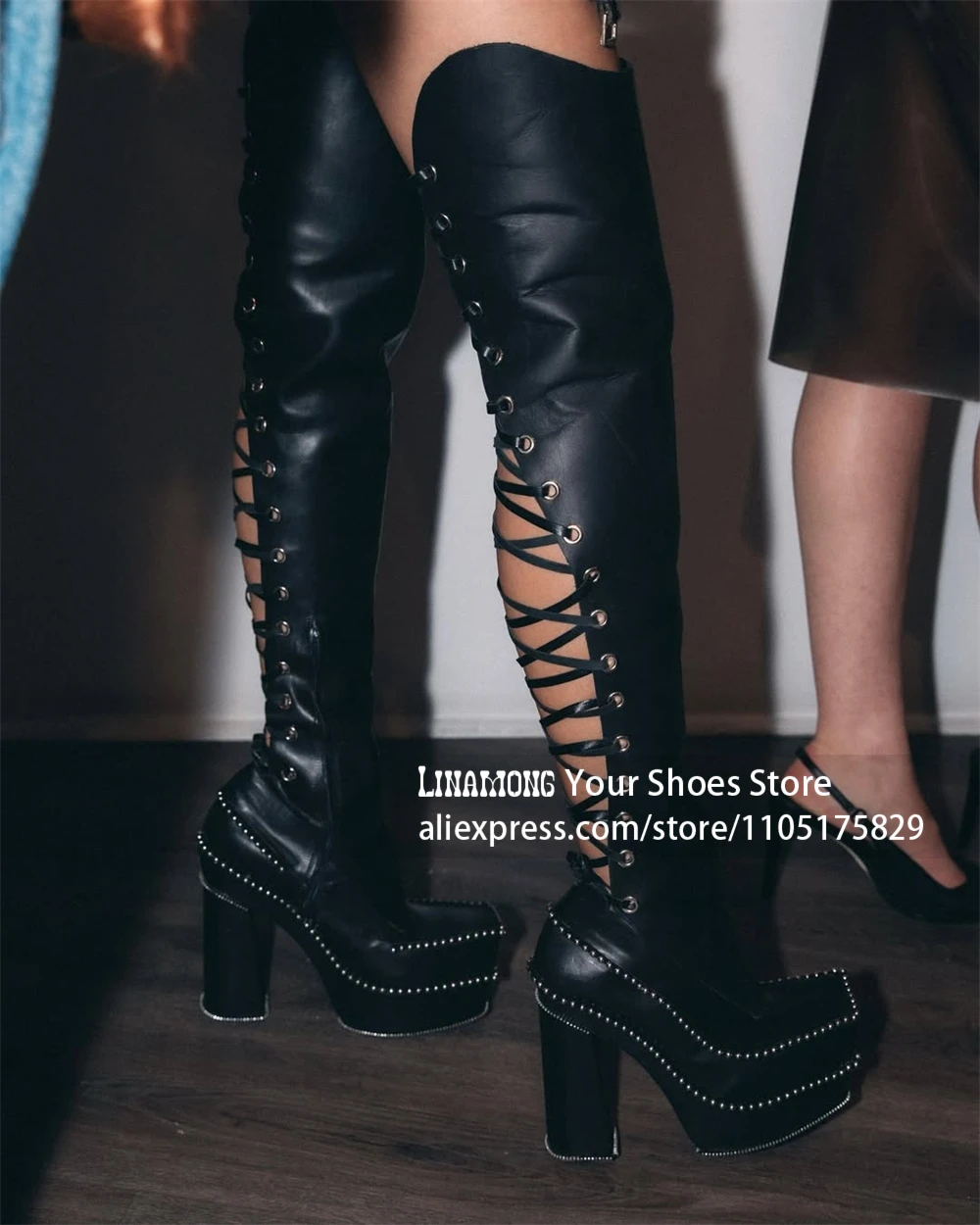 Silver Metal Eyelets Full Side Lace up Boots Studded Platform Heel Boots over the Knee Chunky Heel Boots Gothic Punk Rock Style