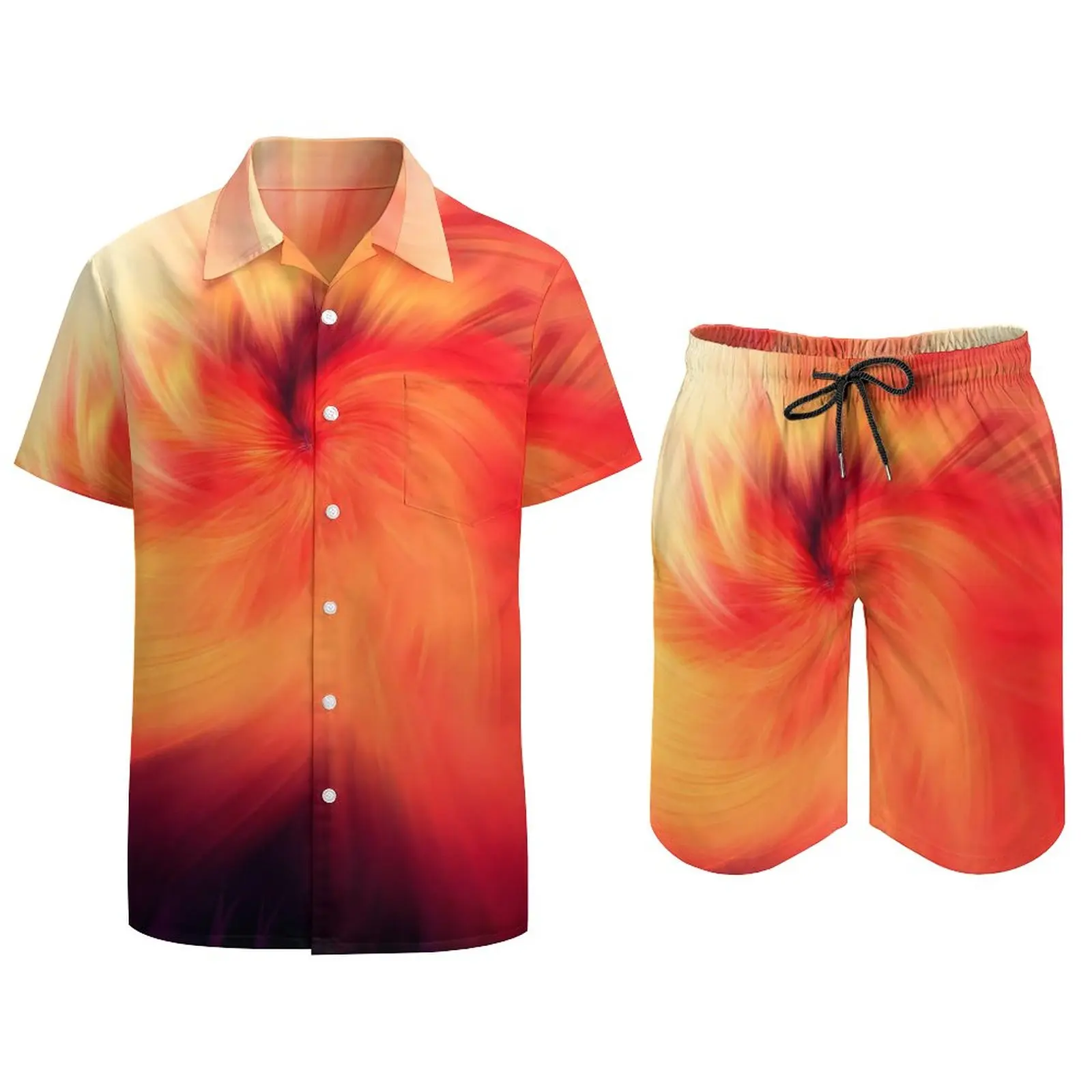 Fire Blending Herren-Sets, abstrakter Druck, Hawaii-Freizeithemd-Set, kurzärmelige Grafik-Shorts, Sommer-Strandanzug, große Größe