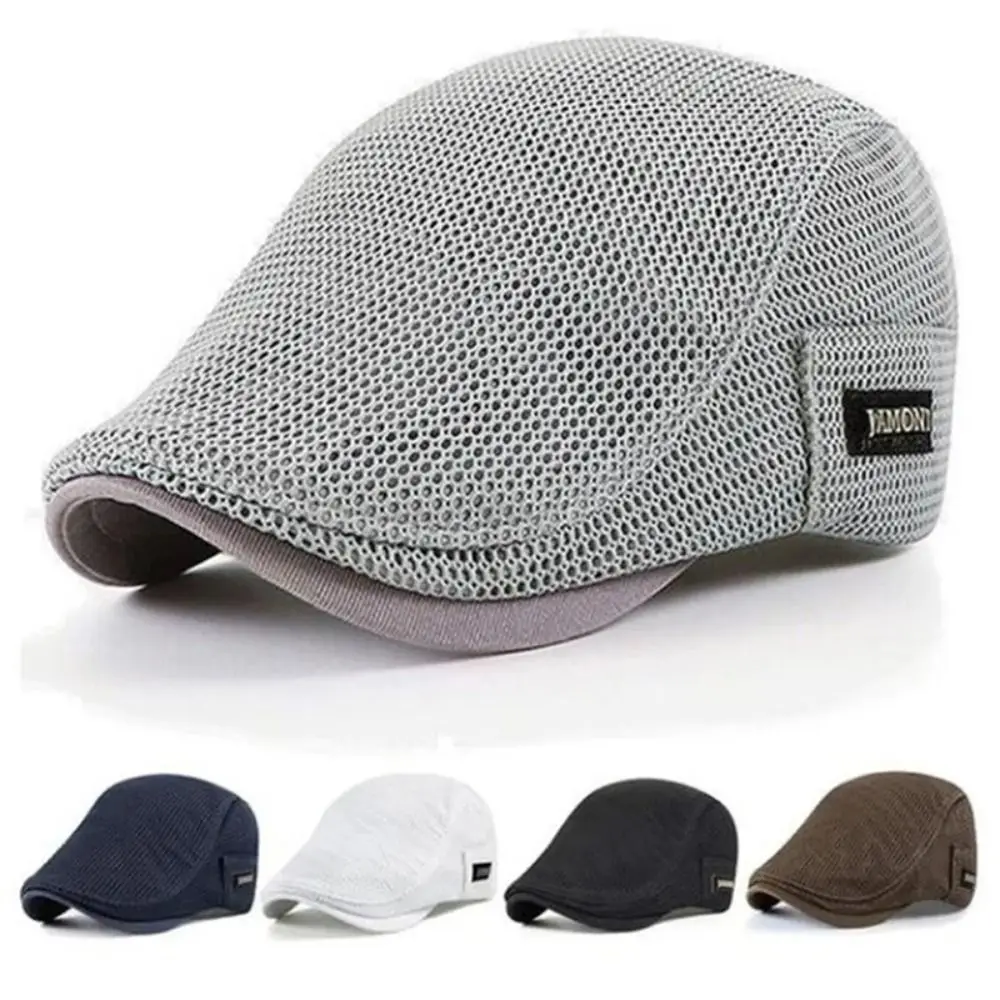 

Breathable Solid Color Men Beret Hat Korean Style British Style Mesh Flat Cap Newsboy Cabbie Forward Peaked Cap Outdoor