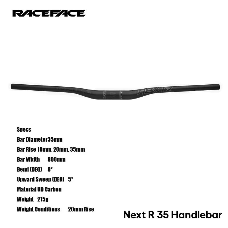 RACEFACE Next R 35 Handlebar 35mm Bar Diameter 10mm, 20mm, 35mm Bar Rise 800mm Bar Width UD Carbon Material