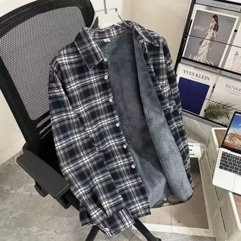 Men's Fleece Shirt Winter Thickened Long Sleeve Warm Shirts Black White Plaid Casual Button with Pocket All Matching Tops Coats