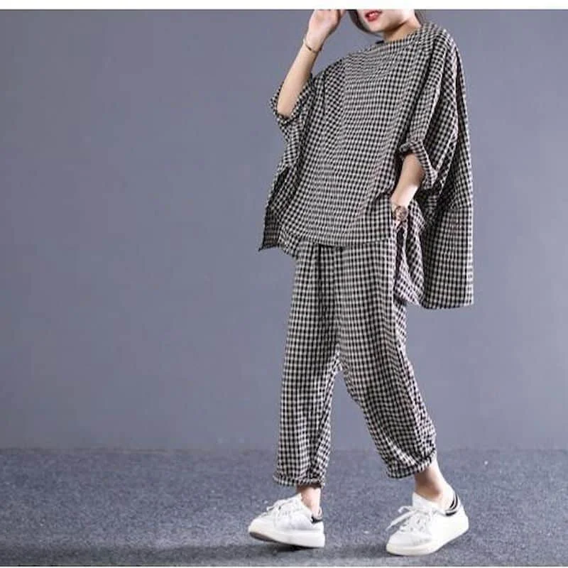 Cotton Linen Pants Sets Short Sleeve Vintage Plaid Tops and Casual Pants Oversized  Korean Fashion Two Piece Sets Women Outfits