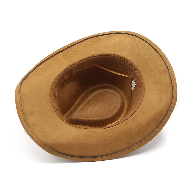 

Autumn Winter European US Suede Western Cowboy Top Hat for Women Men Wide Brim Cowgirl Hat Fleece-lined Belt Mens Fedora Hats