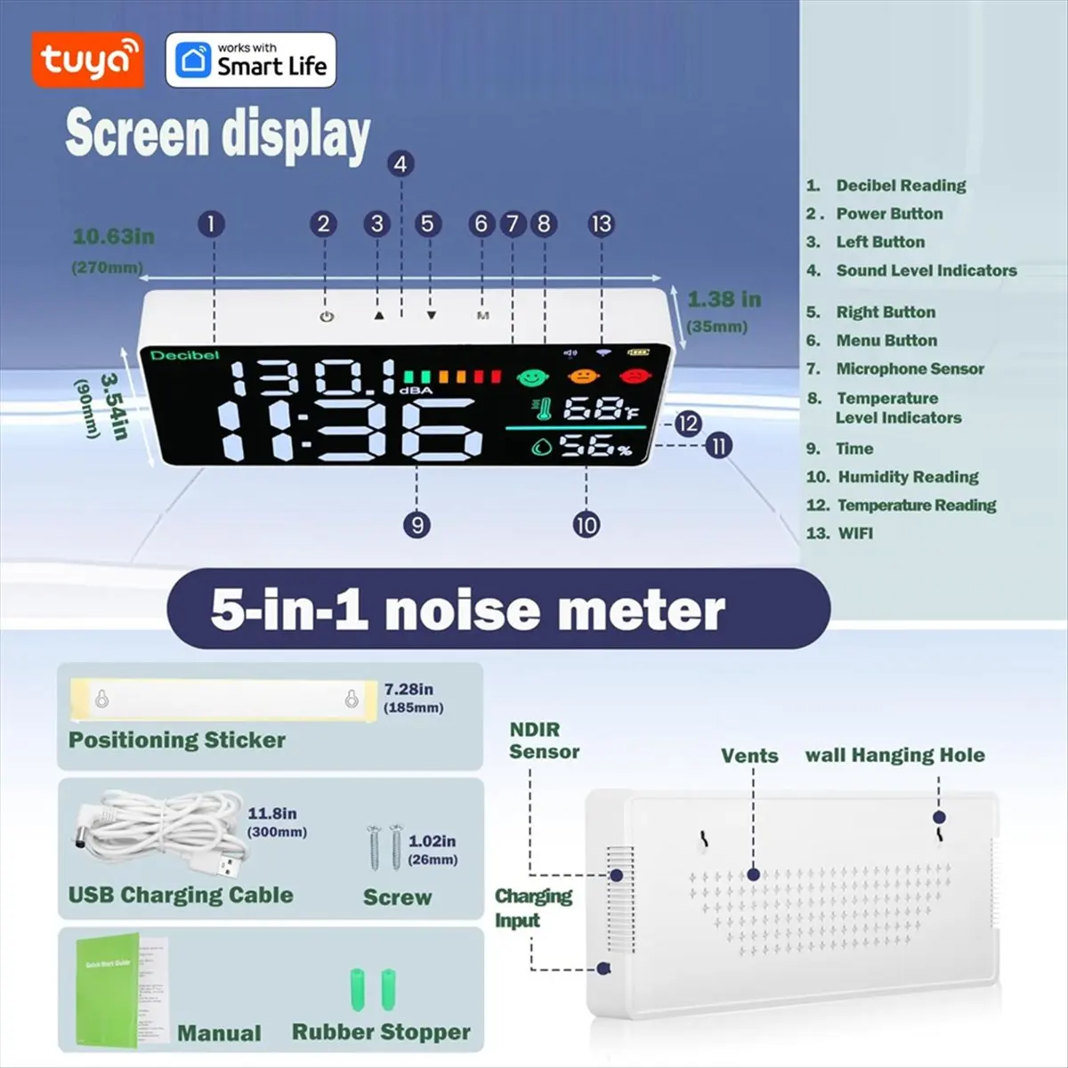 

Punctual- 5 in 1 Tuya Smart WiFi Noise Meter CO2 Gas Detector Decibel Meter Temperature Humidity Monitor for Home Classroom