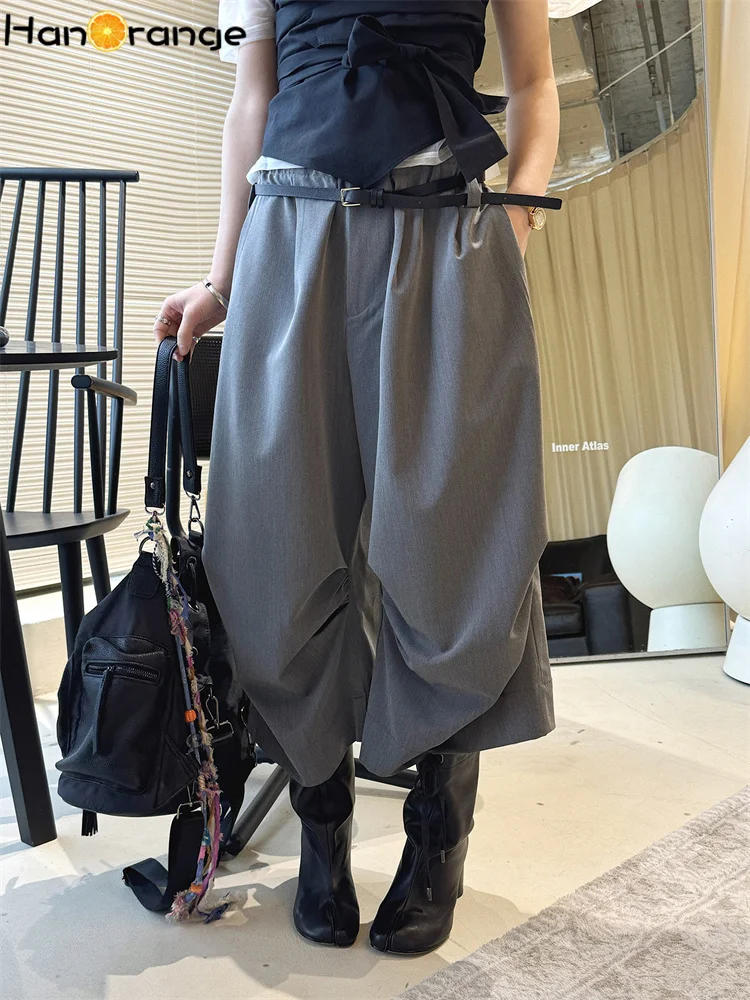 

HanOrange 2026 Весна-Лето Модные современные брюки-капри с 3D-складками и эффектом драпировки, женские свободные широкие брюки до икры, синие/темно-серые