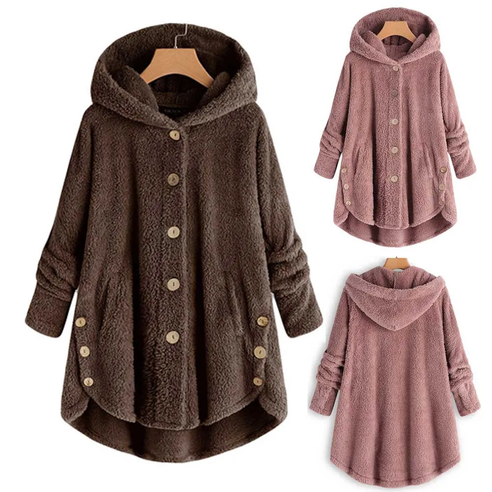 Women'S Plush Lined Hooded Winter Cardigans Plus Velvet Button Side Button Three-Quarter Sleeve Warm Loungewear Fleece Hoodies