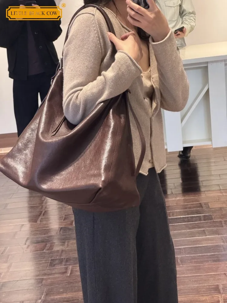 High Quality Womens Cowhide Hobo Bags Real Leather Office Ladies Large Capacity Soft Shoulder Bag Leisure Unisex Crossbody Bags