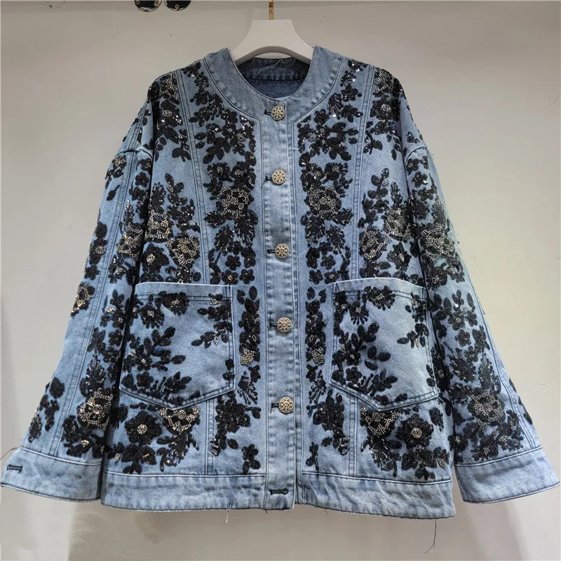 SuperAen Spring and Autumn 2025 New Design Embroidered Flares Sequined Flower O-neck Long-sleeved Denim Jacket Coats