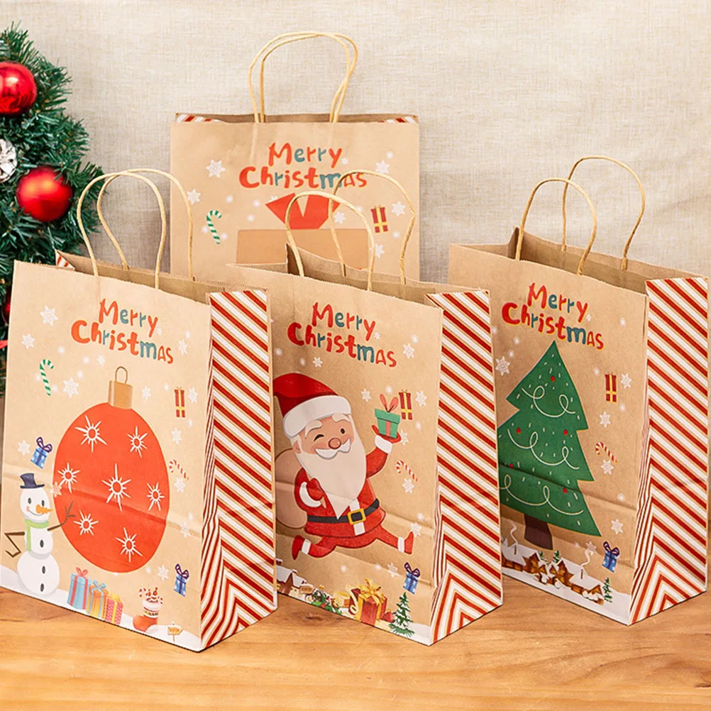 

4Pcs Christmas Gift Bags Kraft Paper Pouches Fashionable Holiday Presents