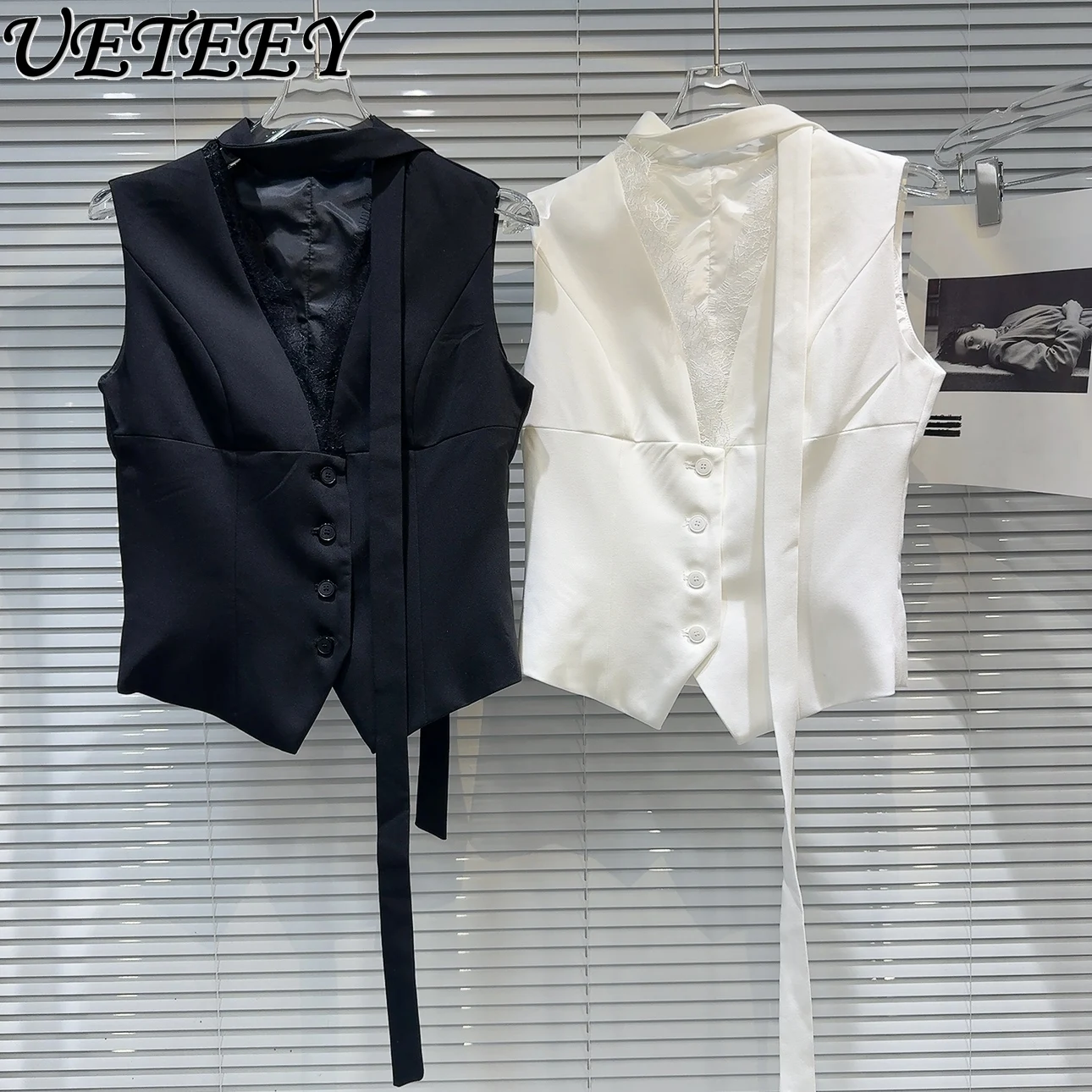 

Новый летний неосновной стиль, кружевной однотонный однобортный жилет с v-образным вырезом, элегантный светский костюм, жилет для женщин