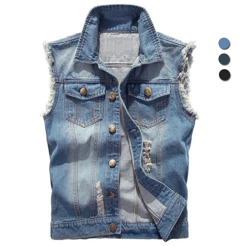 Men\'s Denim Vest Ripped Jean Jacket Hip Hop Biker Waistcoat Coats Cowboy Brand Sleeveless Jacket Motorcycle Tanks Plus Size 6XL