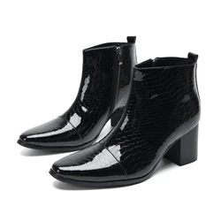 Fashion Black Male High Heeled Motorcycle Boots Zipper Pointed Toe Dress Shoes Large Size Serpentine Real Leather Short Boots