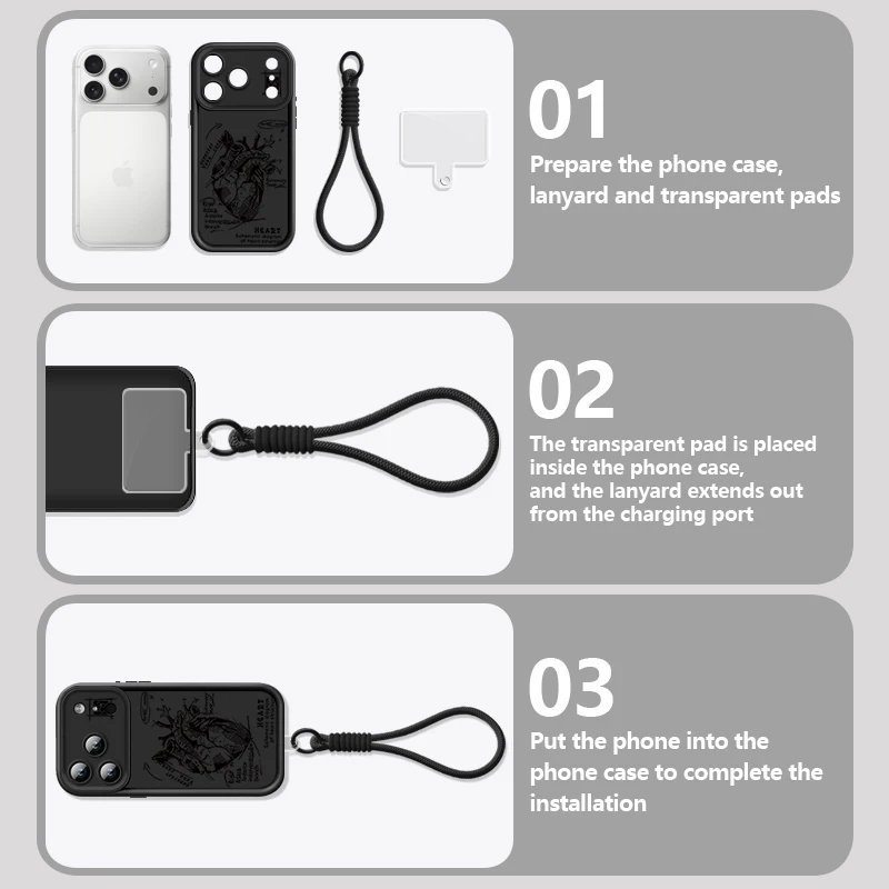 Creative Heart Model Pattern Lanyard Phone Case For iPhone 17 Pro Max 16 14 15 17 12 13 Pro Max Air 16e 11 TPU Wrist Strap Cover view 4