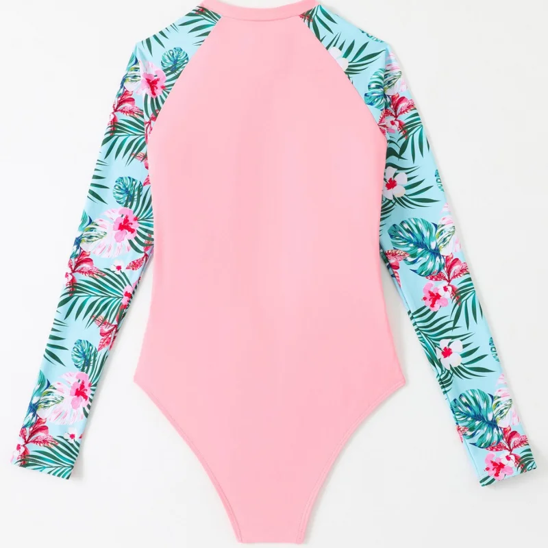 

Competitive Swimsuit Women Printed Long Sleeve Zipper One-piece Tight-fitting Triangle Bottoms Beach Sunscreen Surfing Swimming