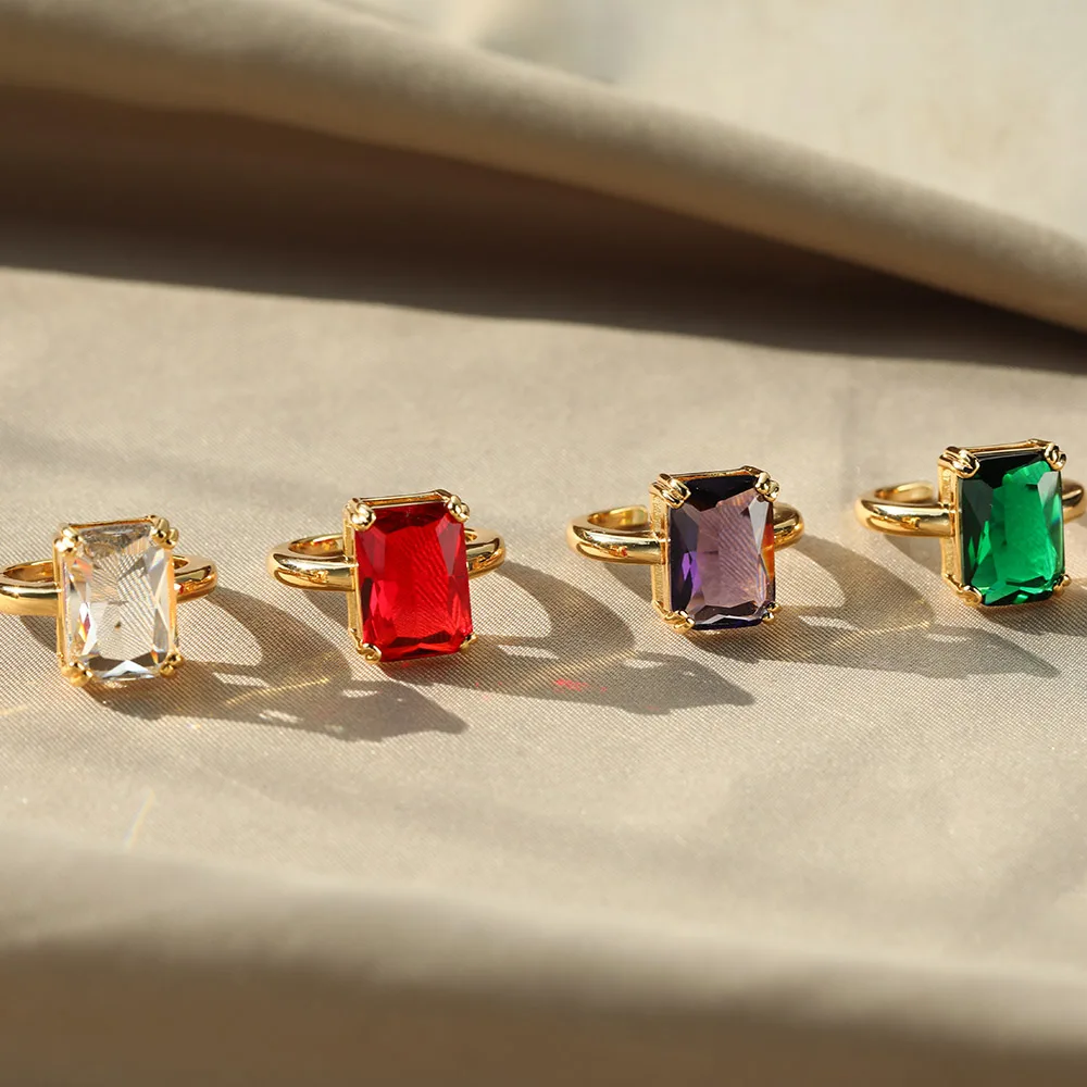 Big Red Zircon Square Stone Rings For Women Stainless Steel Square Stone Adjustable Gold Color Ring Aesthetic Punk Jewelry Gifts