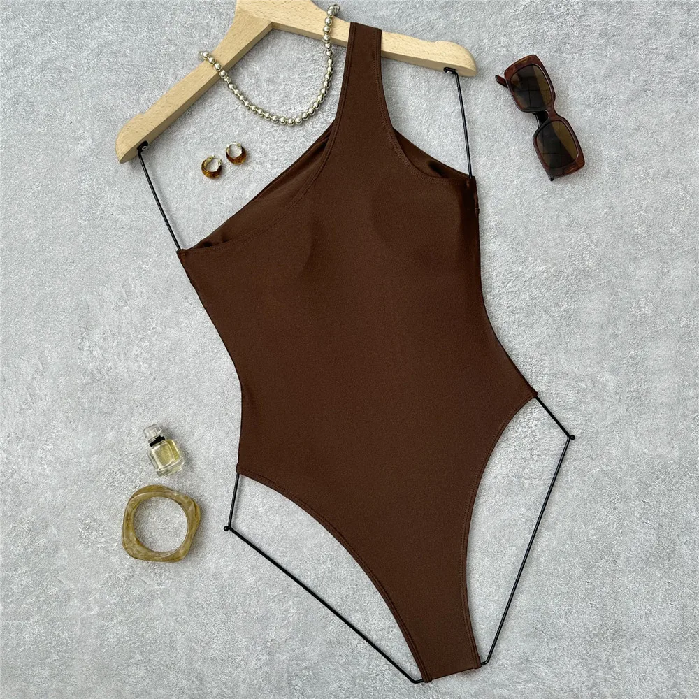 Dark Brown One Shoulder Swimwear Sexy One Piece Swimsuit Women 2026 Hollow Out Monokini Metal Round Buckle Swimming Suit Wear