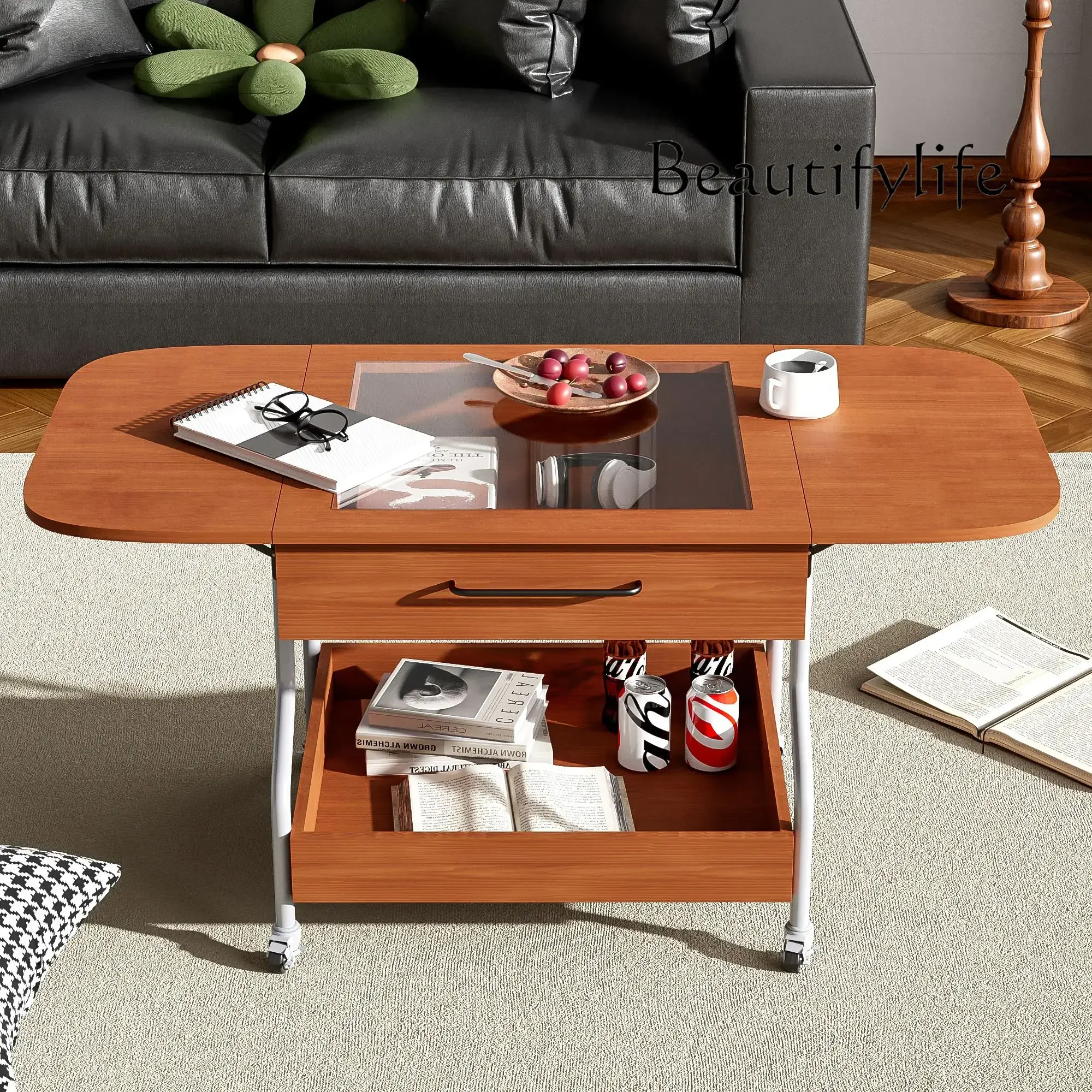 Modern Extended Coffee Table with Wheels, with 1 Drawer and 2-Tier Storage, Metal Frame Wood Coffee Table