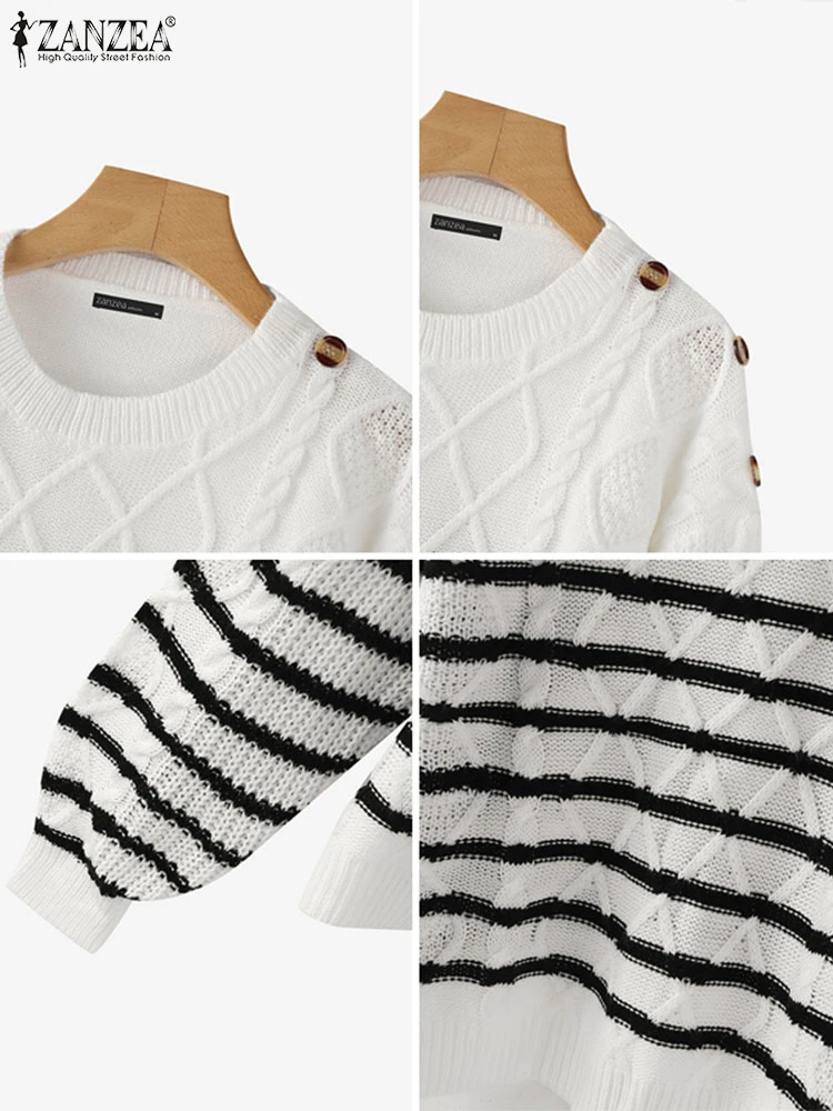 ZANZEA 2025 FW Maglioni lavorati a maglia allentati casual per le donne Manica lunga a forma di diamante Texture Strisce nere Pullover Abbigliamento donna