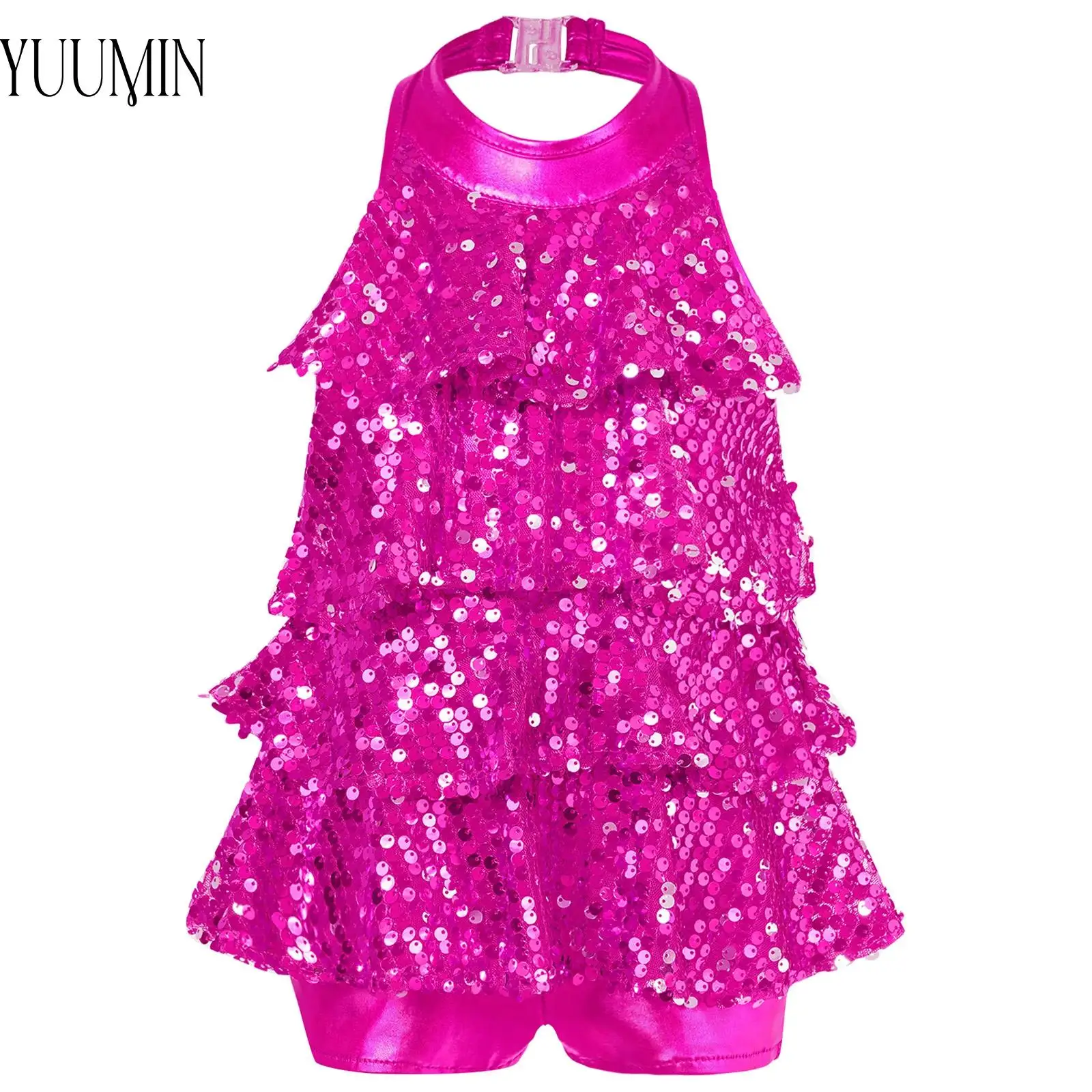 

Girls Sequins Modern Jazz Latin Ballet Dance Costume Children Halter Shiny Stage Performance Ballet Dance Shorty Unitard Dress