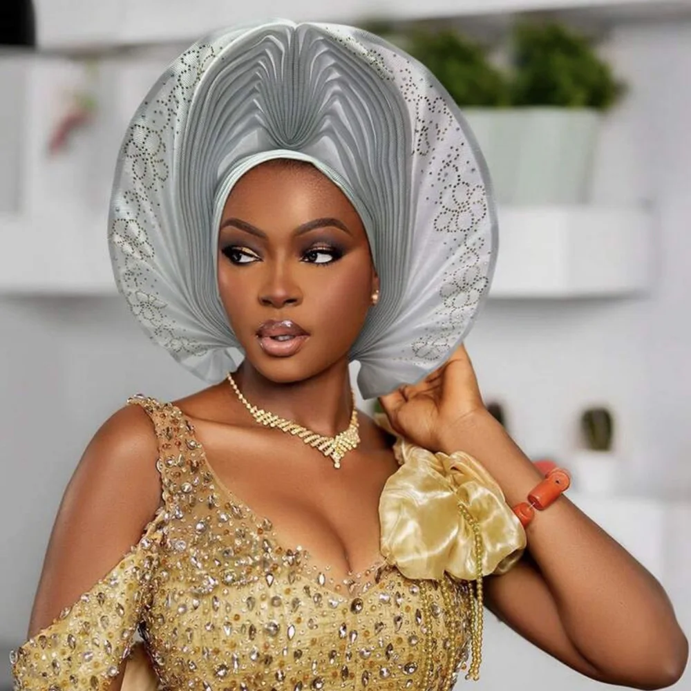 

Нигерия свадебный тюрбан с гелевыми бриллиантами, вечерние головной убор, шляпа с вентилятором, модный африканский авто гелевый головной убор, женский платок на голову