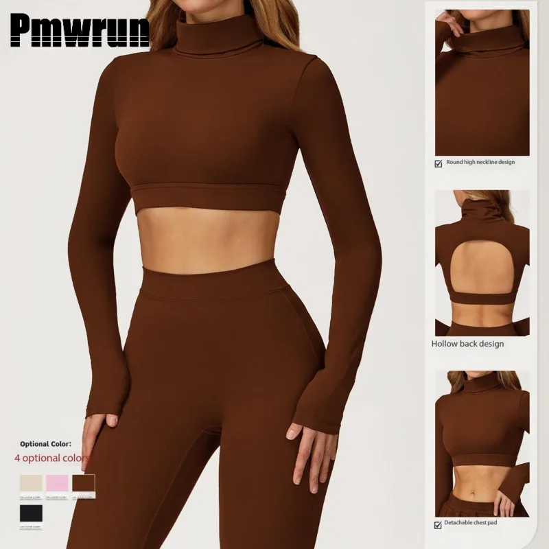 

PMWRUN водолазка с длинными рукавами, укороченный топ для йоги, полая спина, съемная накладка на грудь, мягкая эластичная, 4 цвета на выбор для йоги и фитнеса