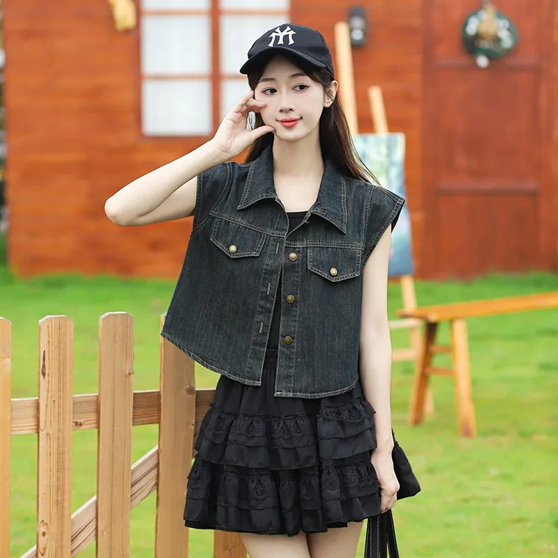 

Casual Denim Waistcoat Women 2024 Spring and Summer New Polo-neck Single-breasted Korean Style Office Lady Versatile Vest Female