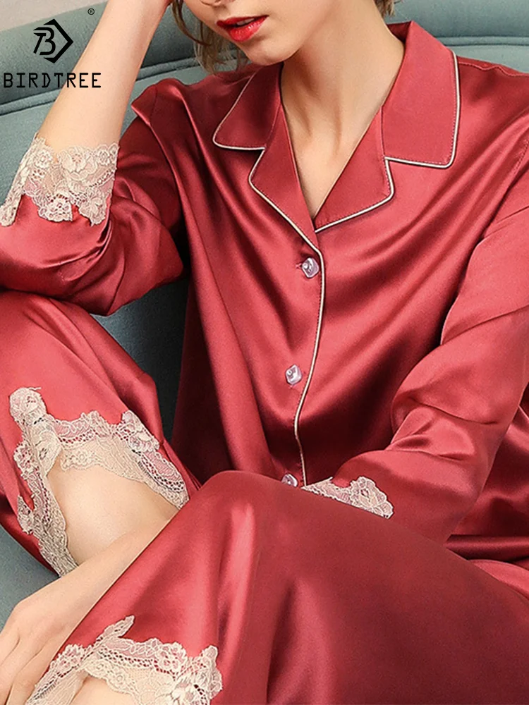 Birdtree, 19Momme 100%Genuine Silk Pajamas Sets, Women Luxurious Fashion Elegant, Lace Satin 2024 New Sleepwear Pyjamas S47970QM