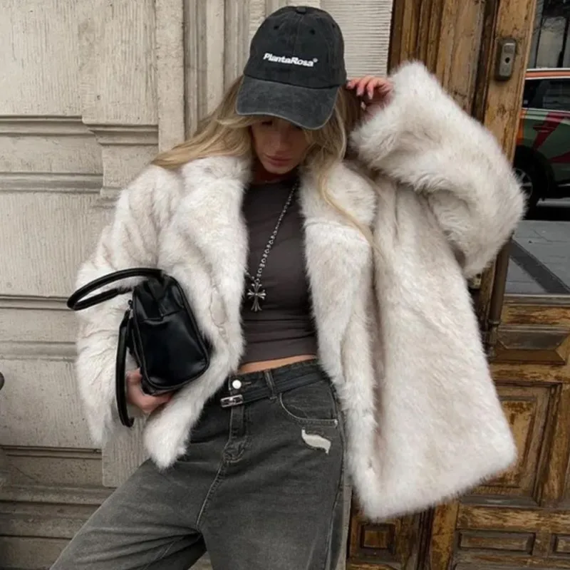2025 Herfst Winter Dames Nep Vossenbont Lange Mouw Turn-Down Kraag Jas Warm Houden Effen Kleur Nepbont Losse jassen Harige Tops