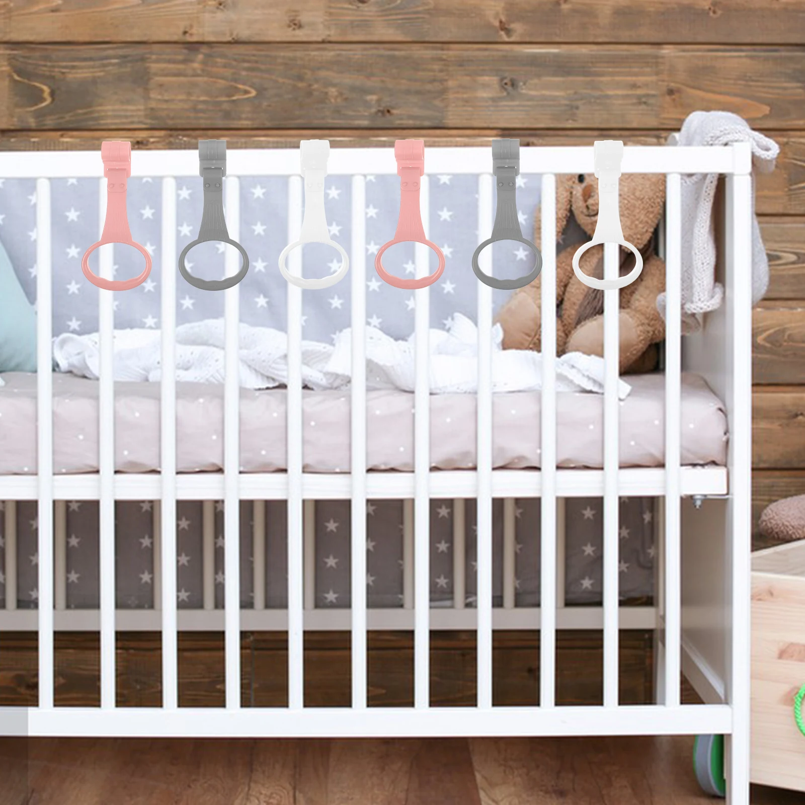 

6pcs Baby Pull Up Rings Crib Hanging Toddler Stand Assist Safe Motor Skill Development Cot Playpen Handle Ring