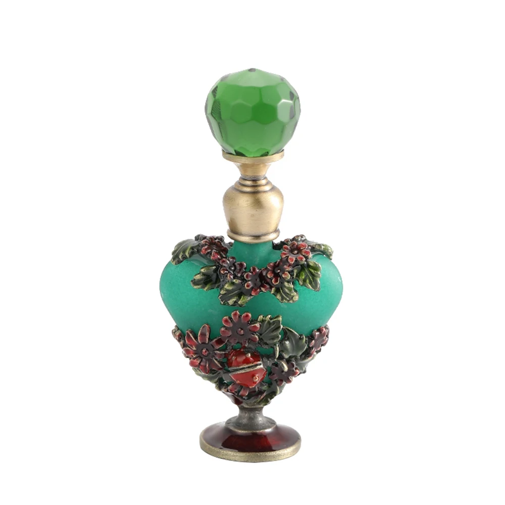 Green Empty 5ml Perfume Bottle Vintage Emerald Frosted Glass Carved Flower Gem Cap Refillable Essential Oil Handmade Beauty Tool