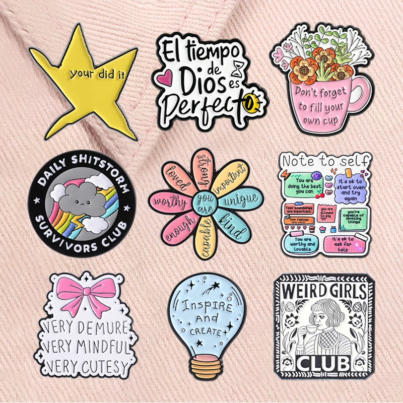 Inspirational Quotes Enamel Pins Survivors Club Bible Verses Self Care Floral Box Plant Brooches Lapel Badge Jewelry Gifts