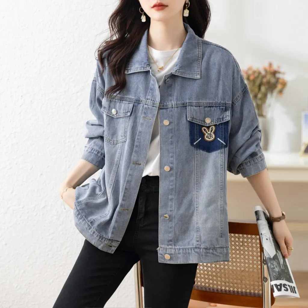 Women's Trendy Loose Denim Top Korean Style Mid-Length Lapel Spring Autumn Fashionable Outerwear