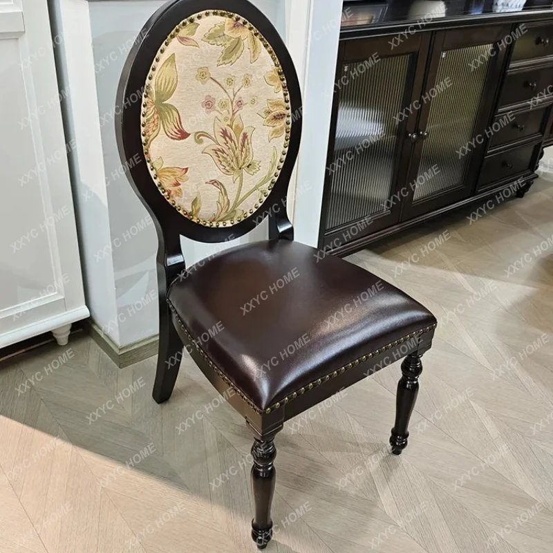 Q  pure solid wood dining chair dark retro microfiber leather soft bag chair