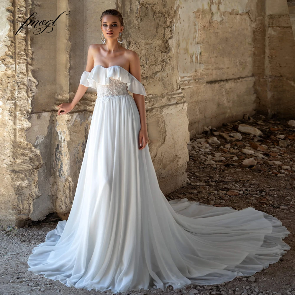 Fmogl Sexy rückenfreie Strandhochzeitskleider aus Chiffon mit kurzen Ärmeln, luxuriöses Brautkleid