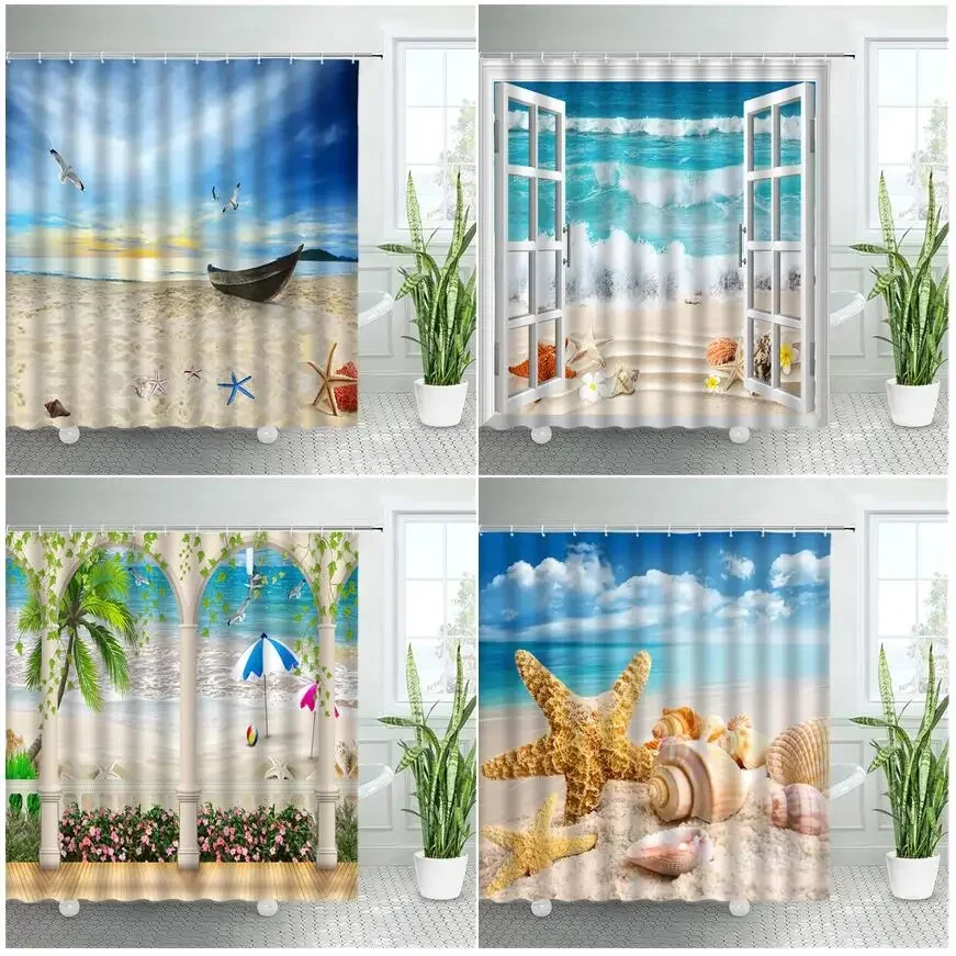 Starfish Beach Shower Curtains Conch Palm Tree Sea Waves Bath Curtain Window Ocean Landscape Polyester Cloth Chic Bathroom Decor