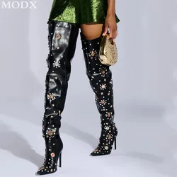 Colored Gem Decor Over The Knee Boots Glitter Rhinestone Pointed Toe Thin Heel Thigh Boots Big Size Luxury Women's Runway Shoes