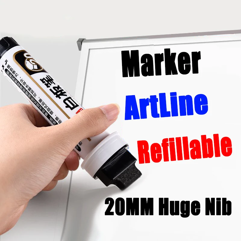 JUMBO Refillable Dry Erase Whiteboard Markers - 20mm Flat Tip for Clear Visibility - Black Red Blue Ink - Ideal for Office, Clas