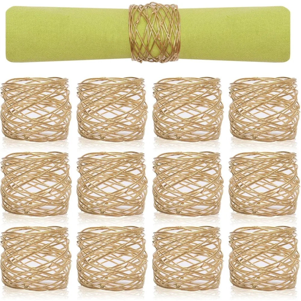 Golden Round Mesh Napkin Rings - Set of 12 for Weddings Dinner Parties or Every Day Use