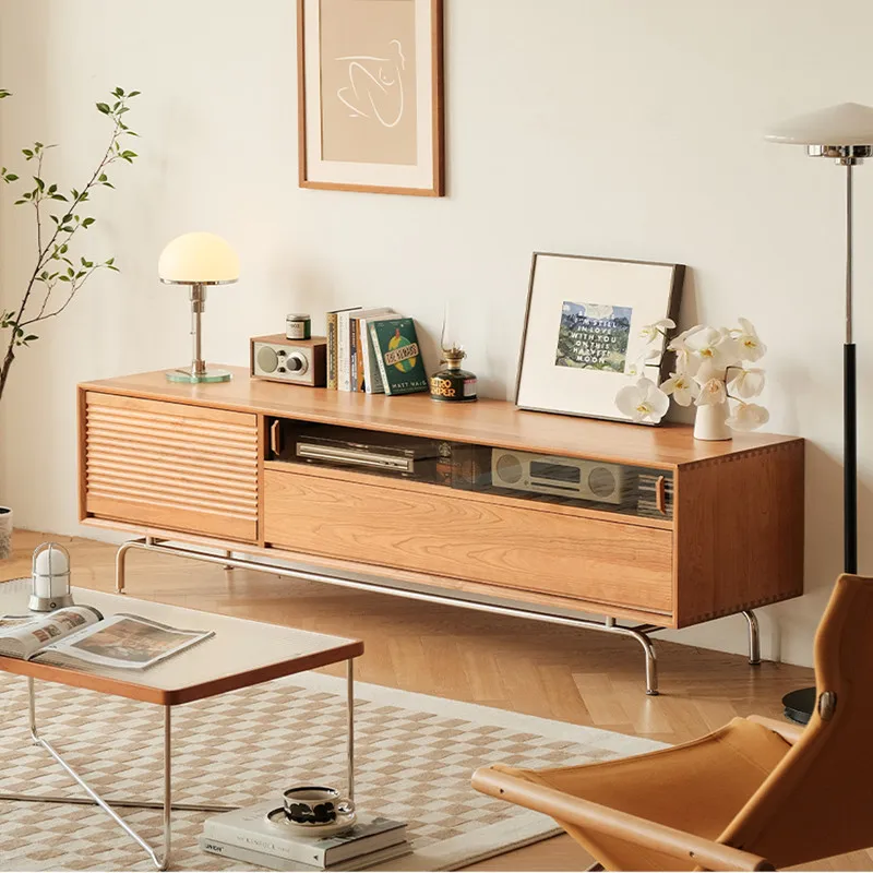 Modern minimalist living room, solid wood TV cabinet, coffee table combination, Nordic style floor standing low cabinet