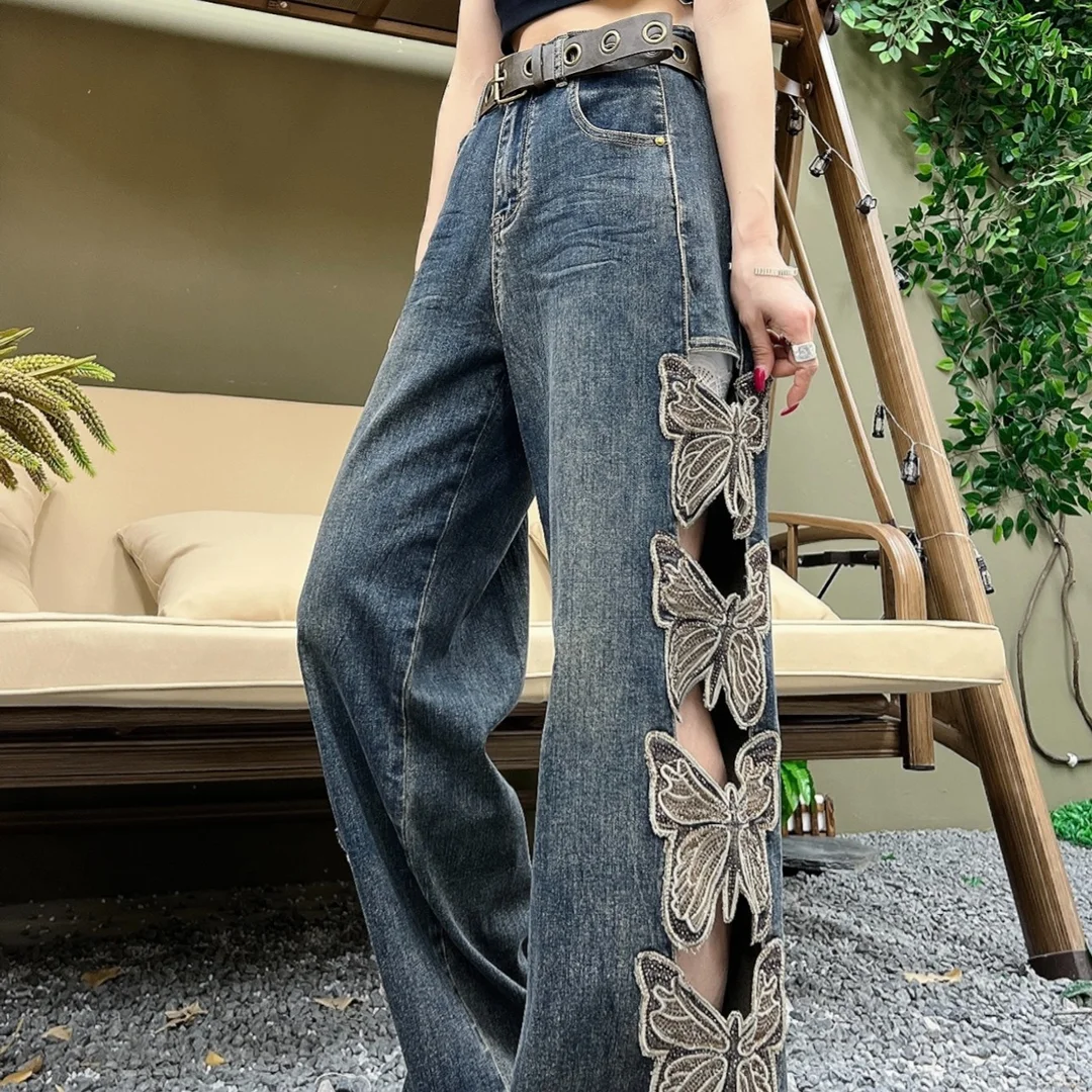 

Vintage Butterfly Hollowed Out Jeans For Women Y2K High Waist Straight Denim Pants Trend Casual Trousers Streetwear