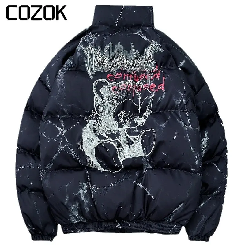 

Winter Down Padded Jacket Men Women Cartoon Bear Print Parka Hip Hop Streetwear Winter Thick Warm Jackets Coats Men Clothes