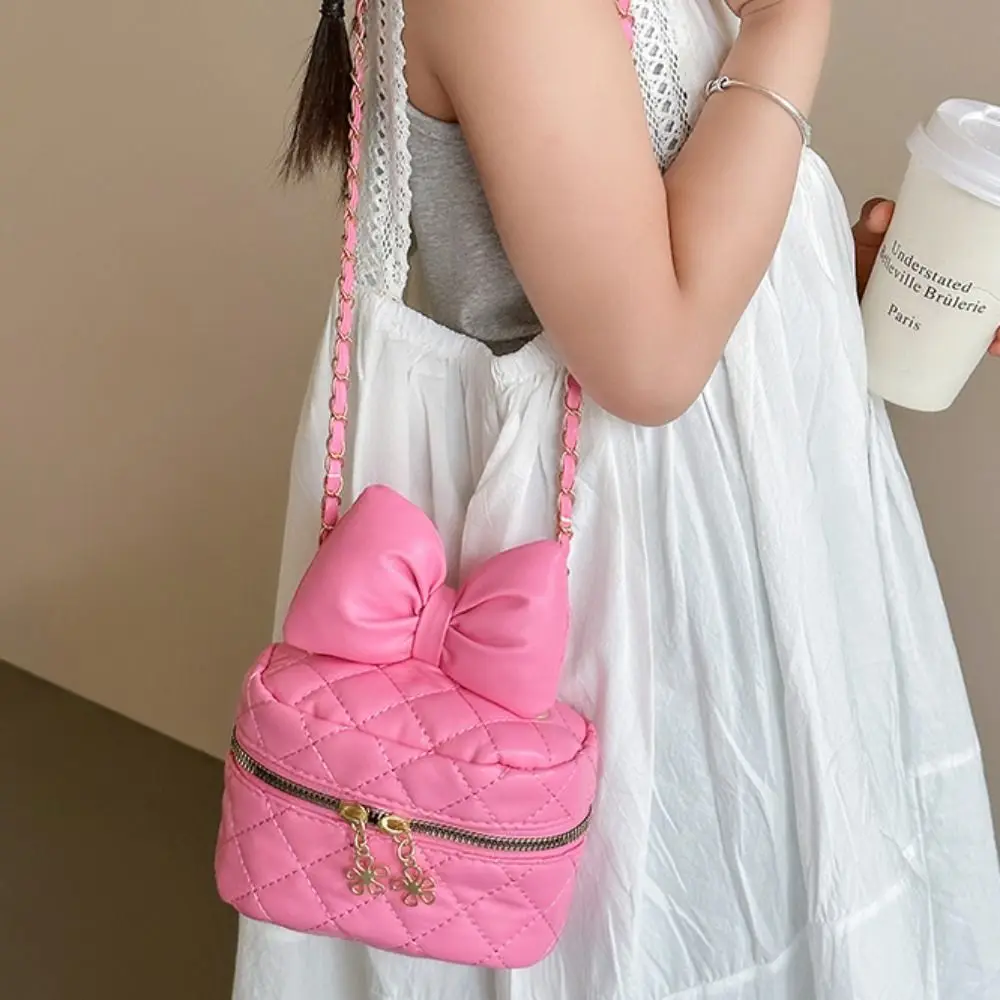 

Fashion Bow Chain Crossbody Bag Solid Color Pu Leather Classic Shoulder Bag Phone Bag Handbag Small Messenger Bag Lady