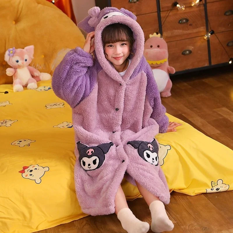 Anime Sanrio Kuromi Cinnamoroll Kid Cartoon Pajama Coral Velvet Thickened Long Sleeved Trousers Boy Girl Sleepwear Autumn Winter